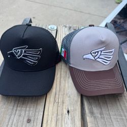 Black or brown/gray Trucker Hat Mesh Snap Back, Raised Bird Logo