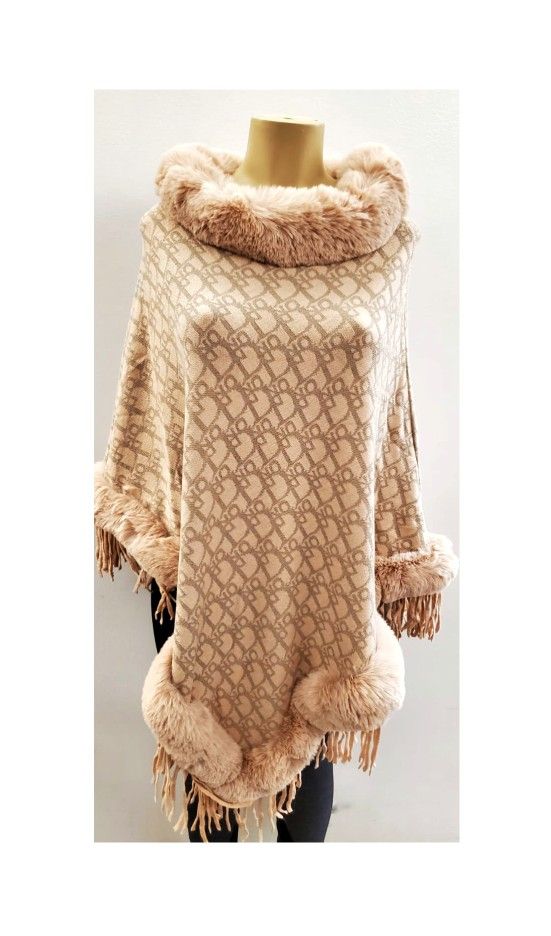 Blush Pink Deesigner Style Poncho With Faux Fur