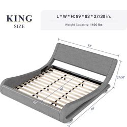 King Size Upholstered Platform Bed Frame, Ergonomic & Adjustable Headboard, Low Profile Modern Sleigh Design, No Box Spring Required, Easy Assembly, G