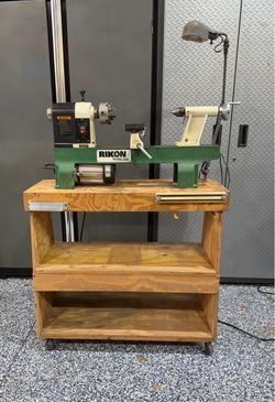 Rikon Mini Wood Lathe on Wooden Bench with Wheels