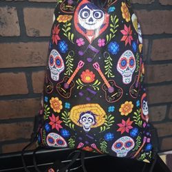Disney Coco Drawstring Backpack Sugar Skull Design Gym Sling Tote Bag