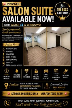 🚨PRIVATE SALON SUITE with water 💦& Windows‼️ AVAILABLE NOW