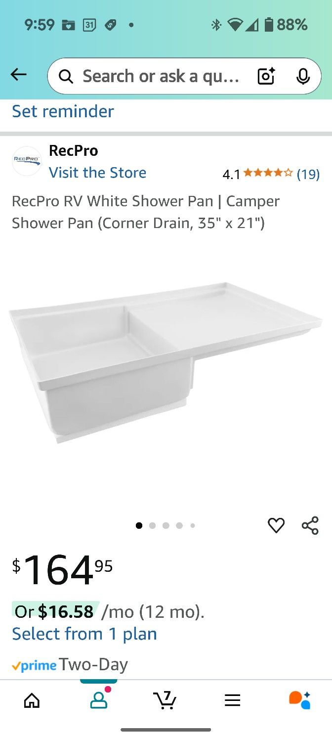 New: Never Installed RV/Camper Combo Shows Pan 35"X 21"Corner Drain
