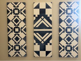 Set of 3 Navy Blue and White Geometric Wall Art Panels