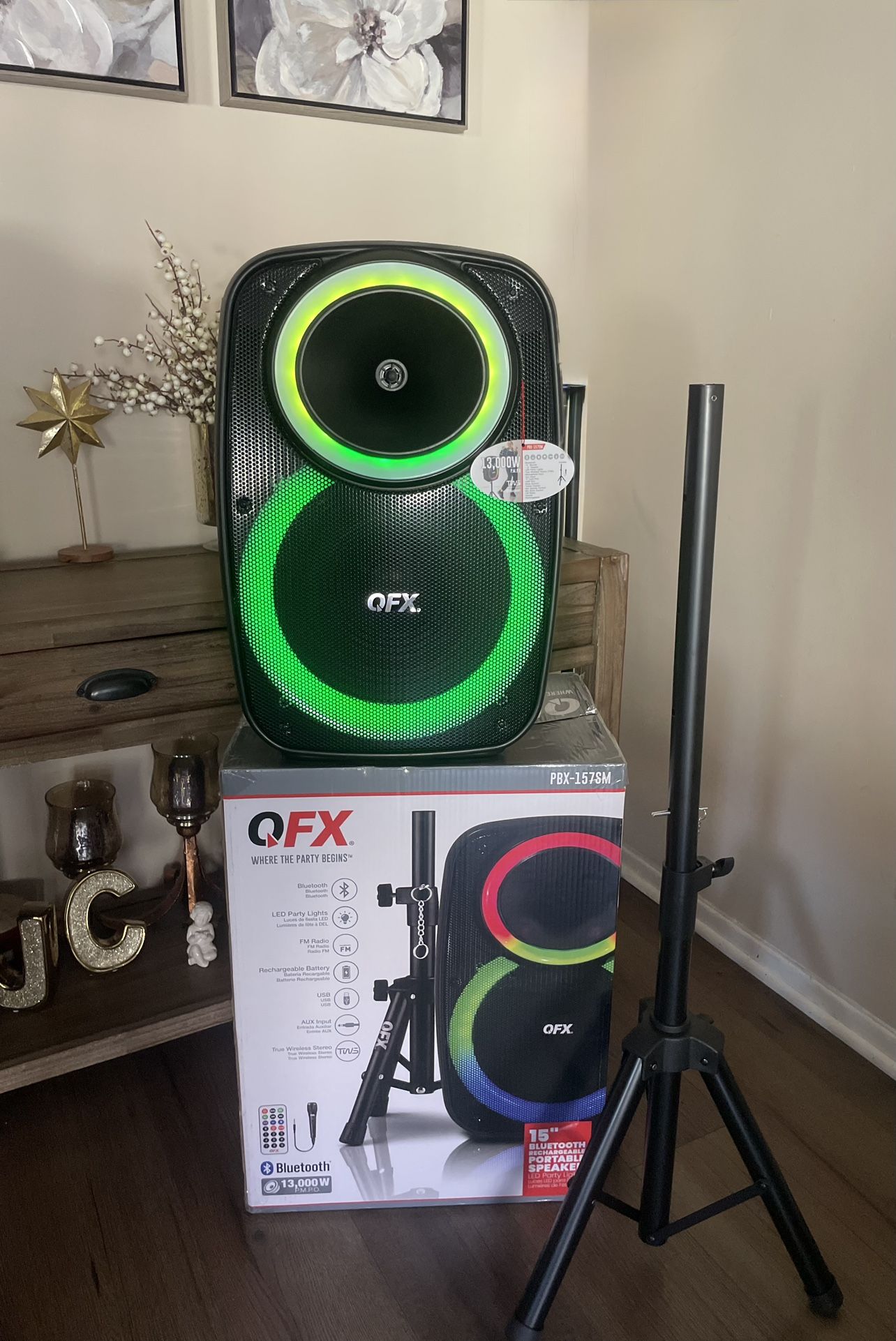 QFX 15” Bluetooth Rechargeable Party Speaker with Microphone  LED Party Lights & Stand Included 🔊🎤🎶🔊🎶🎶