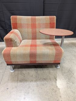 Retro Plaid Upholstered Lounge Chairs with Integrated Side Tables