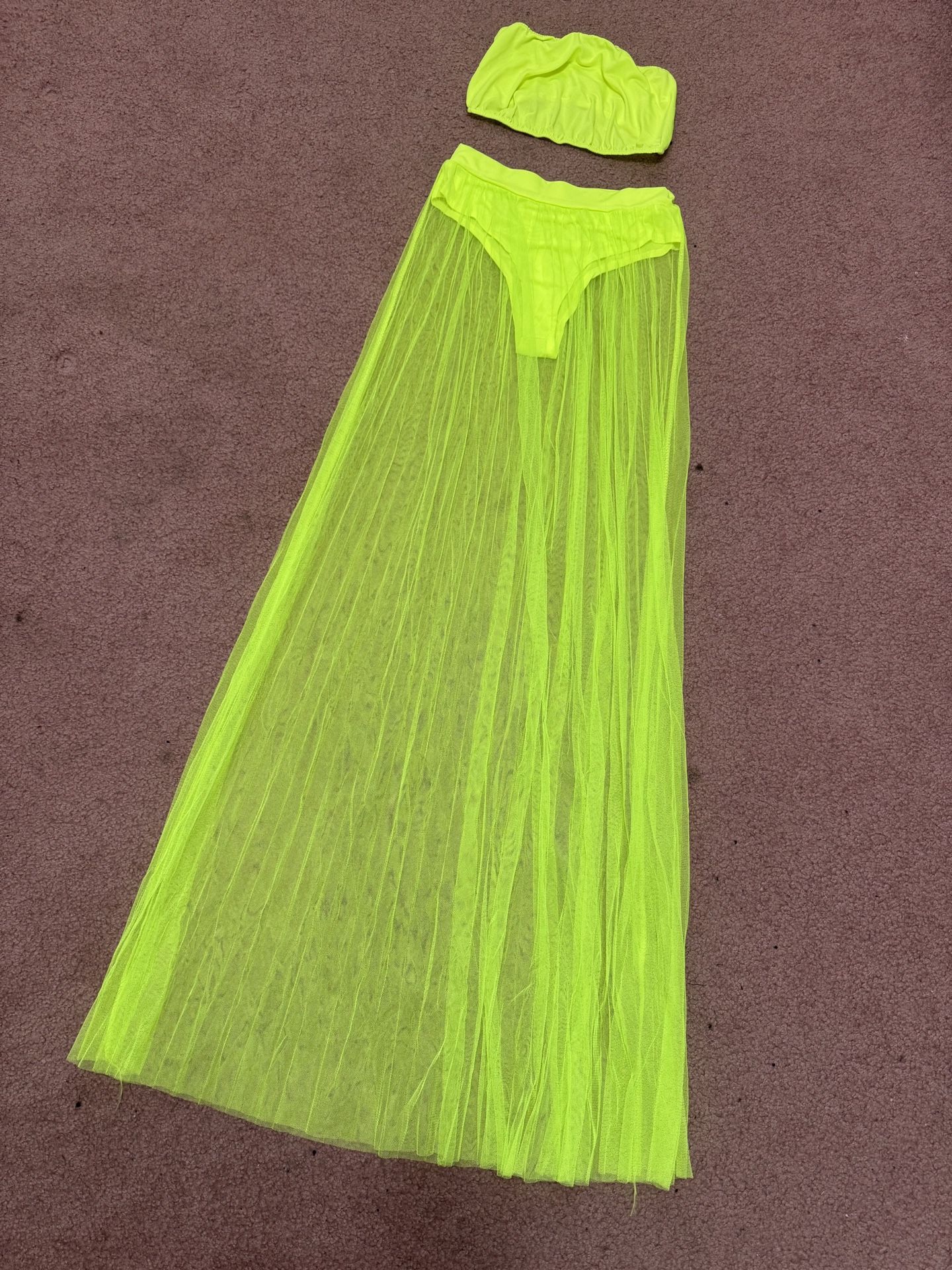 New Small neon green mesh tulle 2 piece dress skirt outfit festival rave raver 