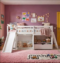 Twin size loft bed with slide drawer and ladder