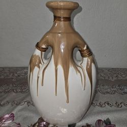 J.W Art Pottery Vintage Vase MCM Ceramic Two Tone Glaze Side Handles Table Decor