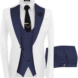 Navy/White Wangyue Mens Suit 3 Piece Slim Fit Suits for Men Wedding Prom Tuxedo for Men Formal 5XL