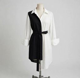 Black White Color Block Shirt Dress - Belted