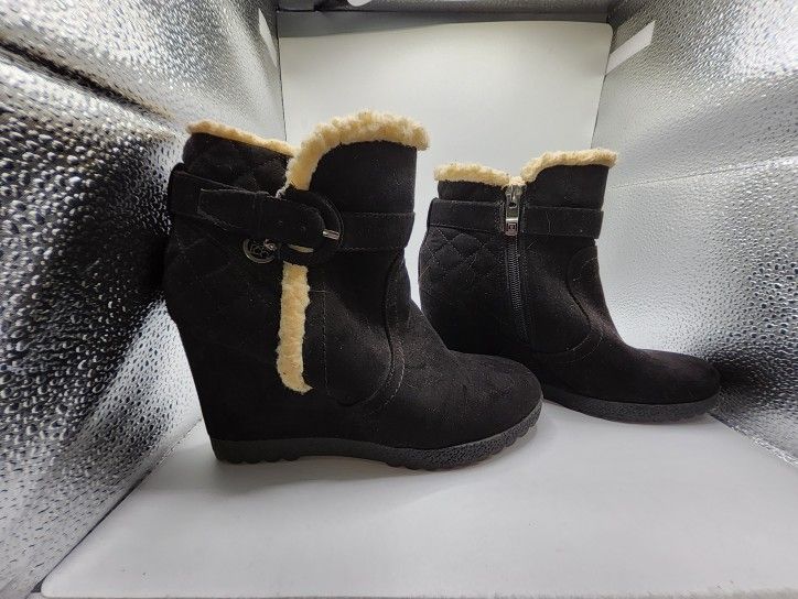 Wedge Boots With Fur Lining, Black Sz 7