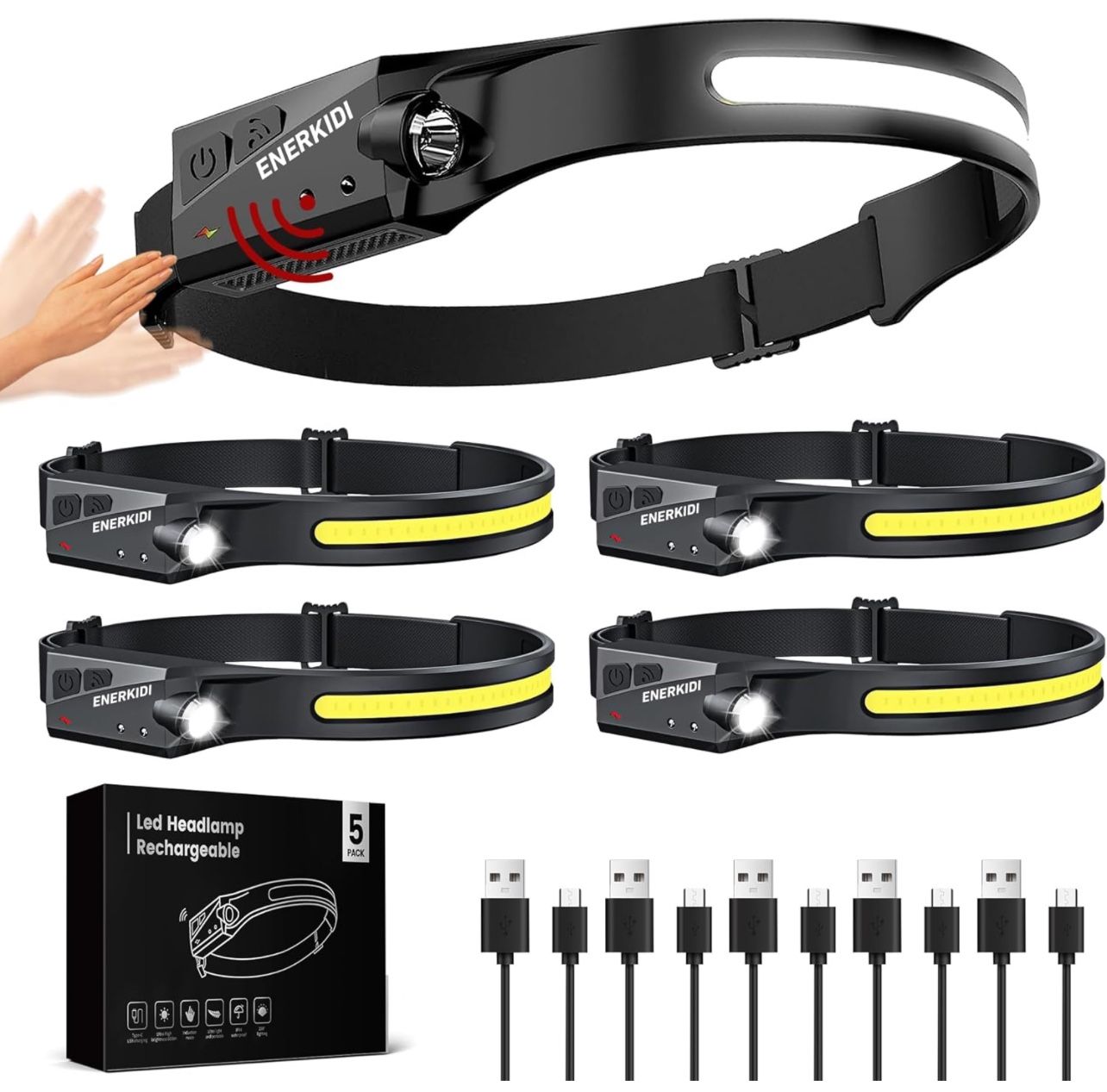 5 Packs LED Headlamp Rechargeable HeadLamps for Adults, 5 Modes Head Light Sensor Mode 230° Wide Beam IPX4 Headlight Waterproof Camping Accessories Gi
