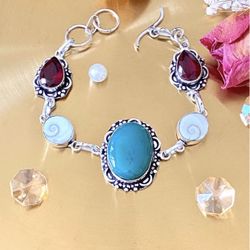 Green Onyx, Shiva Shell Eye And Garnet 925 Sterling Silver Overlay Bracelet
