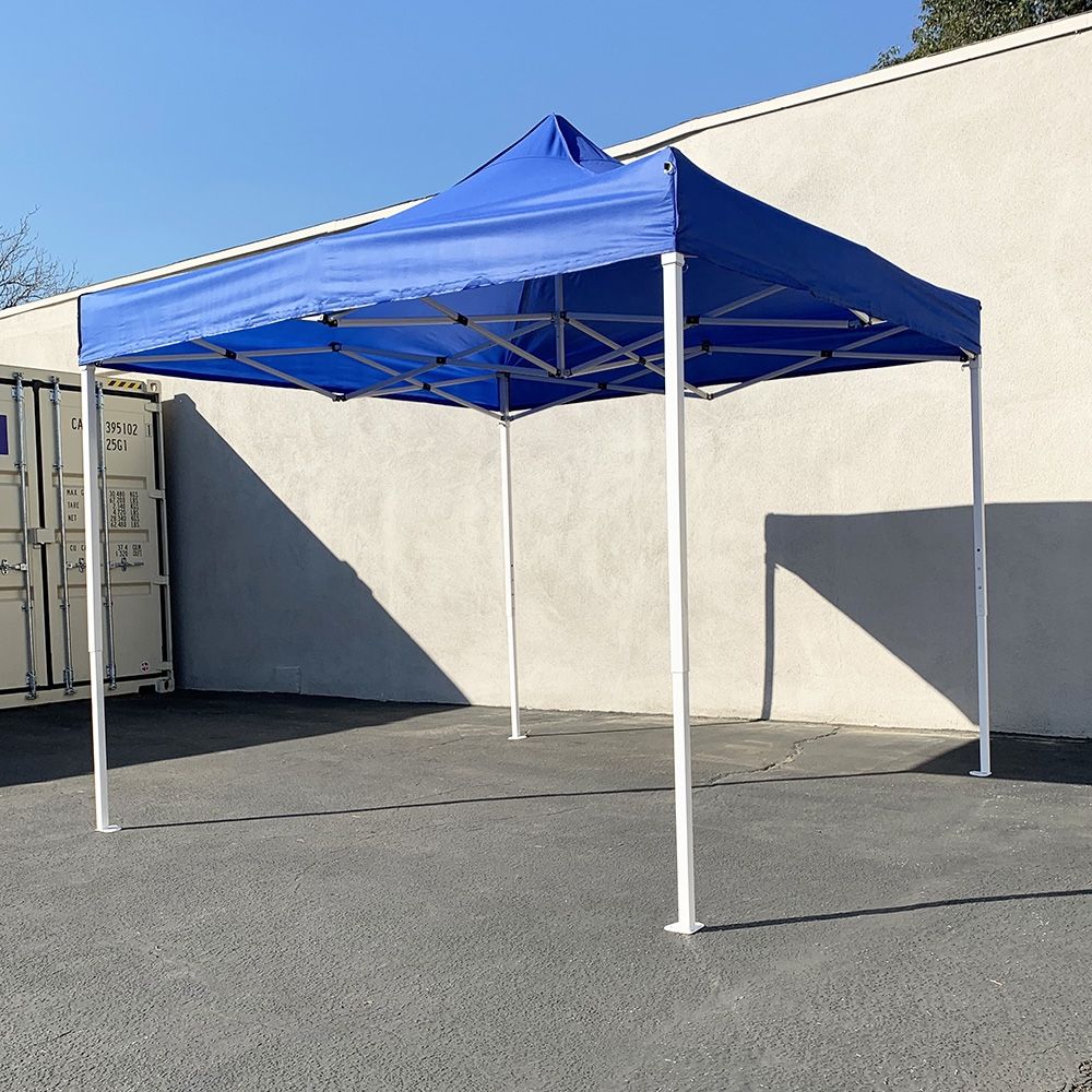 New In Box $100 Heavy Duty 10x10 ft Popup Canopy Tent Instant Shade w/ Carry Bag Rope Stake, White/Blue