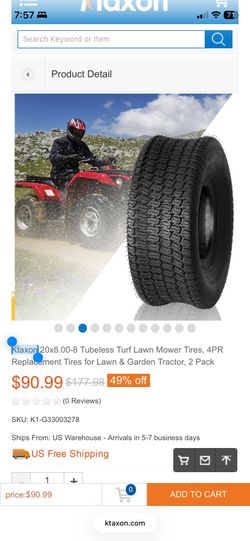 (2).   Ktaxon 20x8.00-8 Tubeless Turf Lawn Mower Tires,
