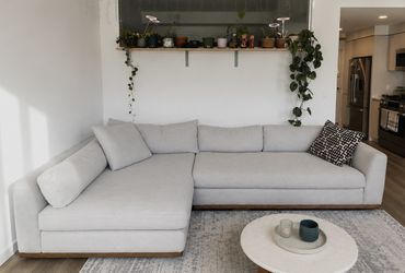 Anthropologie 2-piece Grey Sectional Sofa (10’ long) - Designer L-shape Couch - Moving Sale