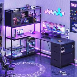 58 Inch L Shaped Computer Desk with Storage Shelves and LED Light for Home Office ( w/ Drawers )