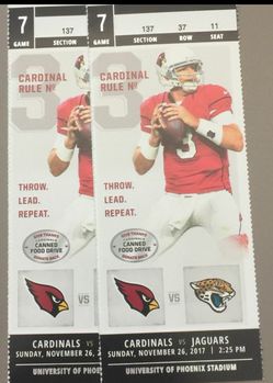 2 Arizona Cardinals vs Jacksonville Jaguars lower level tickets with parking pass