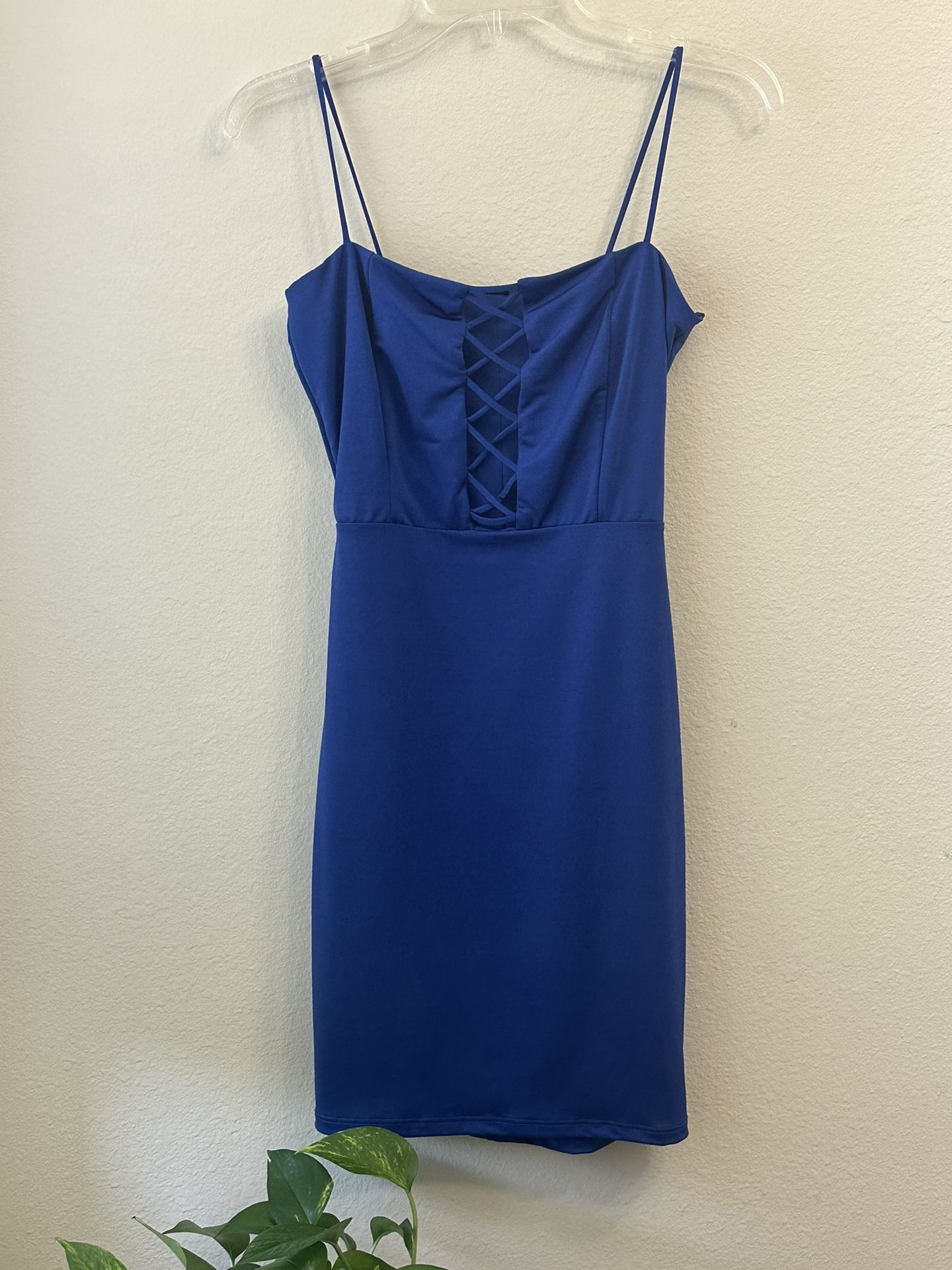 Women’s Spaghetti Strap Hollow See Through Blue Dress Small