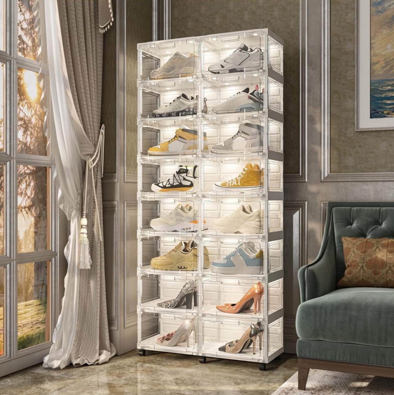 Led Shoe Box Light,Foldable Stackable Sneaker Display Storage with Clear Side Open Door Organizer,Sh