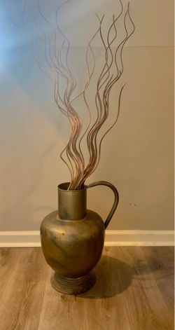 Rustic Oversized Pitcher Floor Vase Copper Bronze Tone Metal with Dried Curly Willow Branches