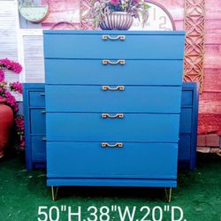 Huge Blue MCM 5/Drawer Solid Wood Dresser 