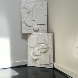 Set of 2 Handmade 16x20”  White Textured Plaster Canvas Wall Art Original Wabi-Sabi Style Relief Sculpture Decor