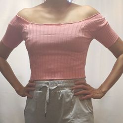 Pink women's short sleeve open shoulder crop knitted Blouse shirt top free size gift