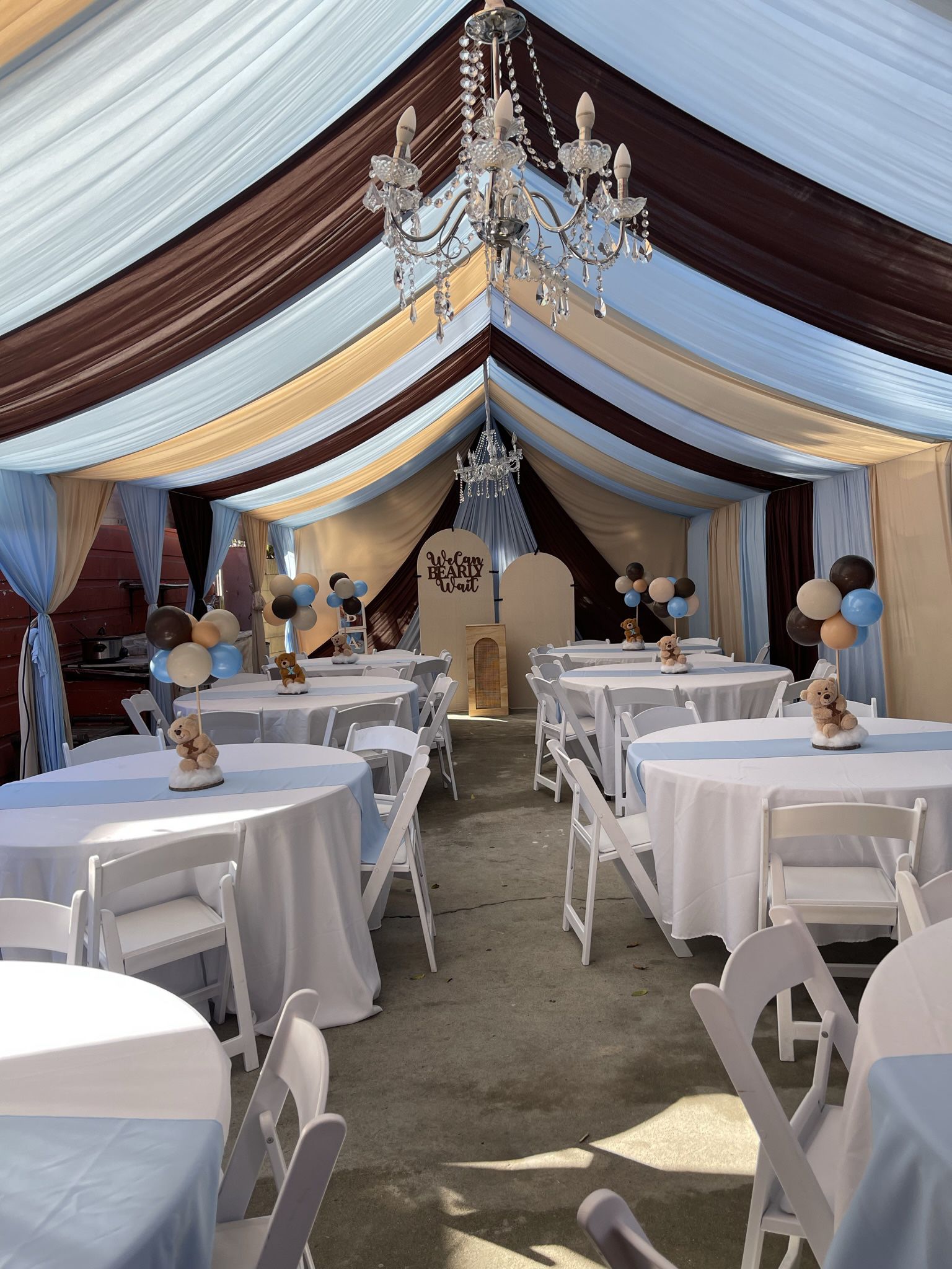 20x30 Tent & Drape, and 2 Chandeliers