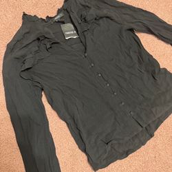 New small black long sleeve shirt top blouse button ruffle goth gothic career