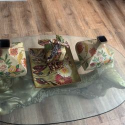Vintage Chinoiserie 3-Piece Set: Golden Pheasant Crackle Glaze Vases & Floral Platter