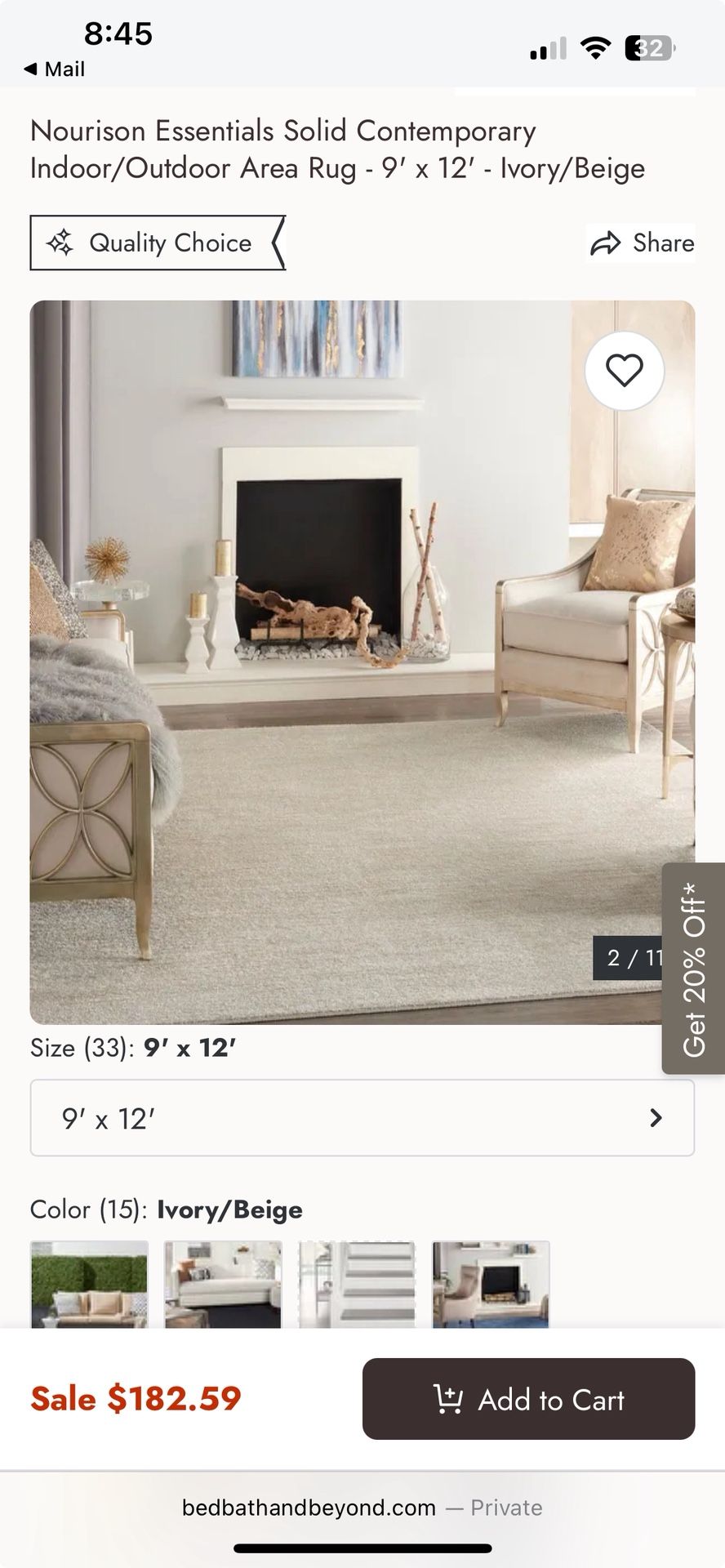 Solid Contemporary Indoor/Outdoor Area Rug - 9' x 12' - Ivory/Beige