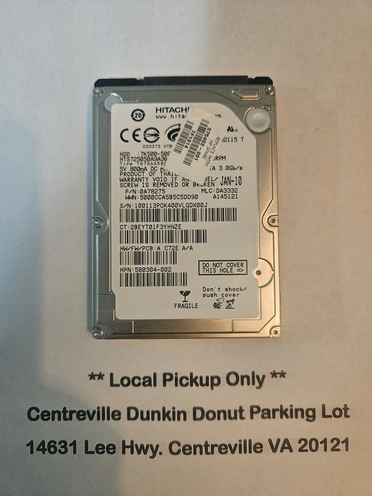 Used 500GB Laptop Hard Drive HITACHI (Local Pickup Only )