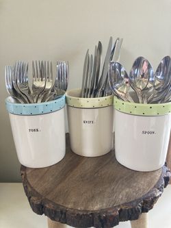 Set Of 3 RAE DUNN By Magenta Kitchen Utensil Holders Knife, Fork and Spoon