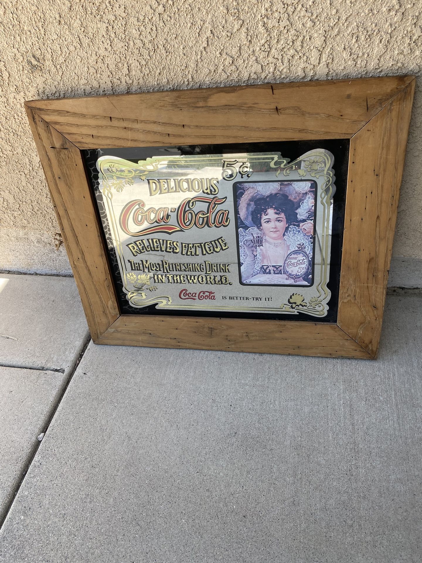 Vintage Small Coca-Cola 5 Cents Bar Mirror With Wood Frame  22”x26”