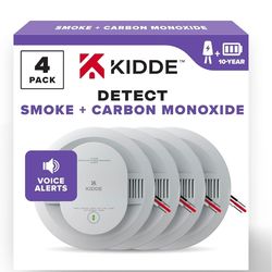 Kidde Hardwired Smoke & Carbon Monoxide Detector, 10-Year Battery Backup, Voice Alerts, Interconnectable LED Warning Light Indicators, 4 Pack