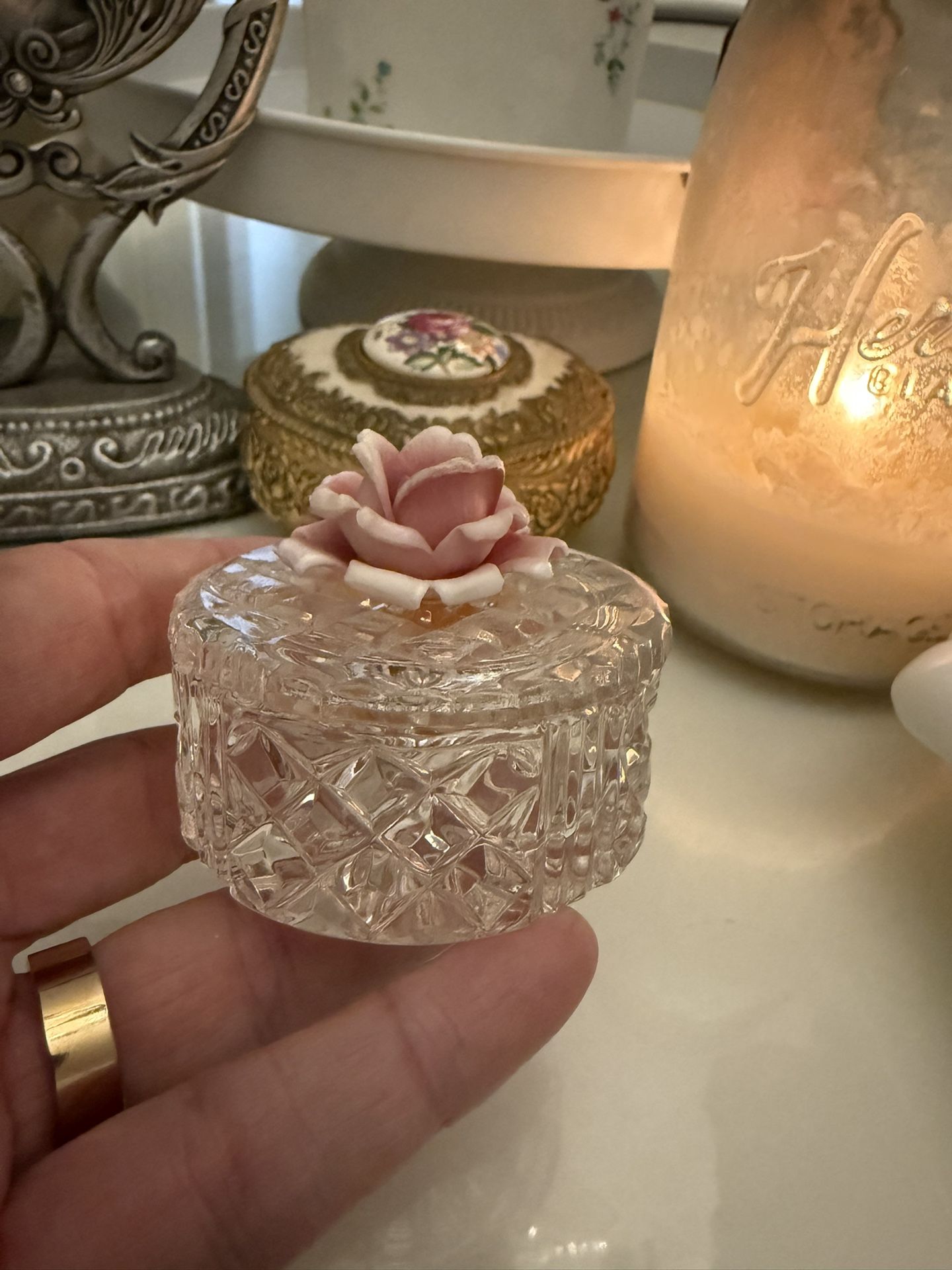 Vintage Crystal and Porcelain Rose Trinket Box
