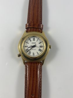 Guess Mens Watch with Gold Bezel and Brown Leather Band