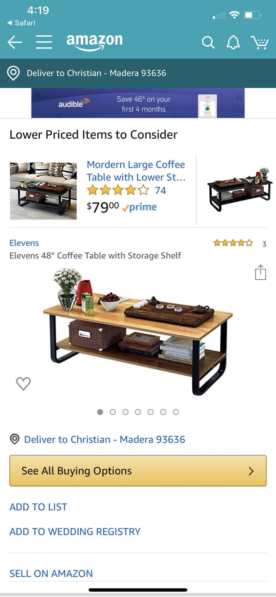 48” rectangular coffee table with storage shelf