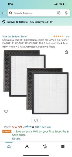 Smilyan LV-PUR131 Filter Replacement for LEVOIT Air Purifier LV-PUR131 LV-PUR131S LV-PUR131-RF, Includes 2 Pack Ture HEPA Filters + 2 Pack Activated C