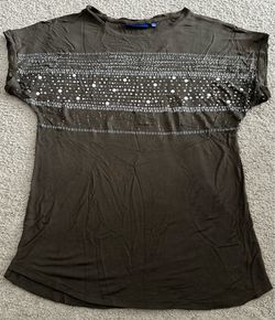 Free if buy something! Women's Olive Green/Brown Short Sleeve Top with Silver Metallic Foil Detail