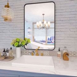 Black Bathroom Mirror for Wall, 20x28 Inch Metal Framed Rounded Rectangle Mirror, Wall-Mounted Bathroom Vanity Mirror for Over Sink, Matte Black Wall 