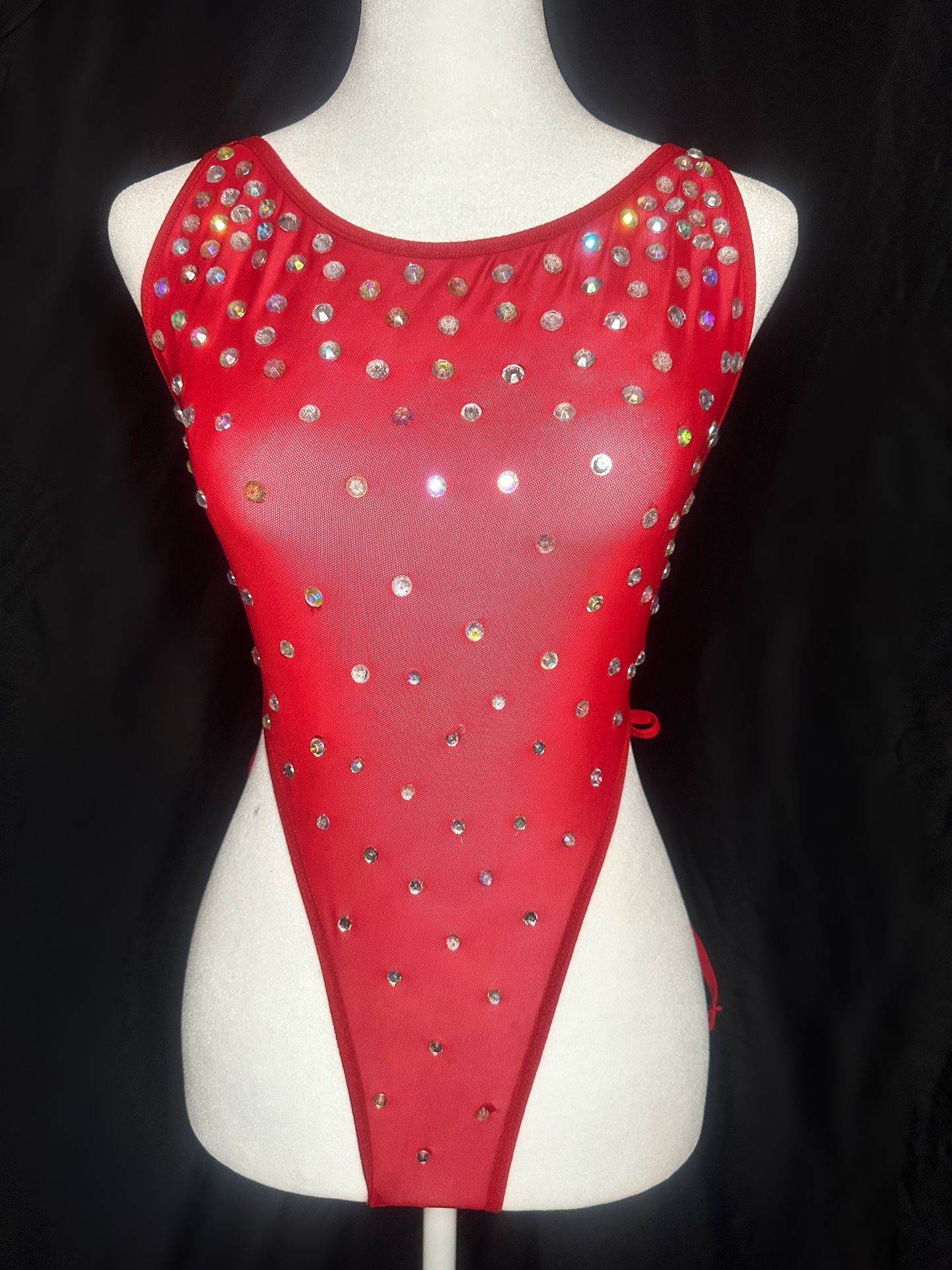 Red Mesh Handmade Rhinestone Exotic Dancewear Race wear