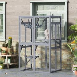 Cat Catio, Cat Tree house, Outdoor Cat Enclosure Window Access with Hammock Grey-Medium, NEW