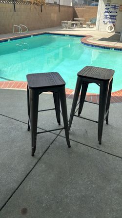 Black Metal Bar Stools with Wood Seat – Set of 2