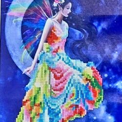 SPARKLE BEAD ART 20X20 FRAMED AND MATTED  WALL DECOR "THE ZFAIRY UNDER THE MOON" AWESOME IN PERSON