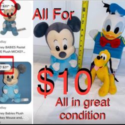 $10 For All Disney Bundle of Baby Mickey Mouse 11” Pluto 8”Donald Duck Hand puppet 12” all Good cond