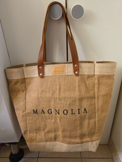 Magnolia Jute Tote Bag with Leather Handles