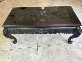 Beautiful woodcarving coffee table with tempered glass cover